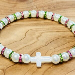 Chartreuse & Pink Pearl Cross Bracelet