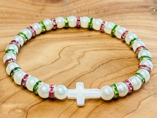 Chartreuse & Pink Pearl Cross Bracelet