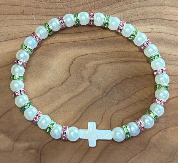 Chartreuse & Pink Pearl Cross Bracelet - Image 3