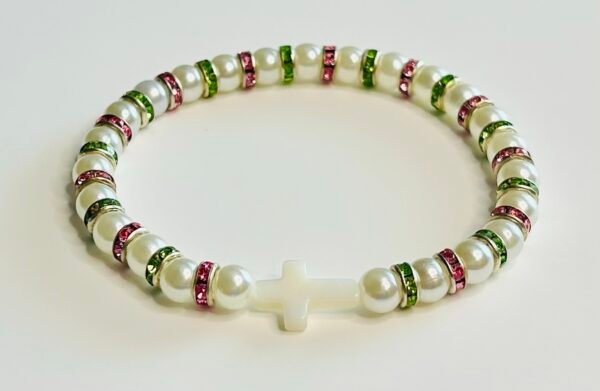 Chartreuse & Pink Pearl Cross Bracelet - Image 4